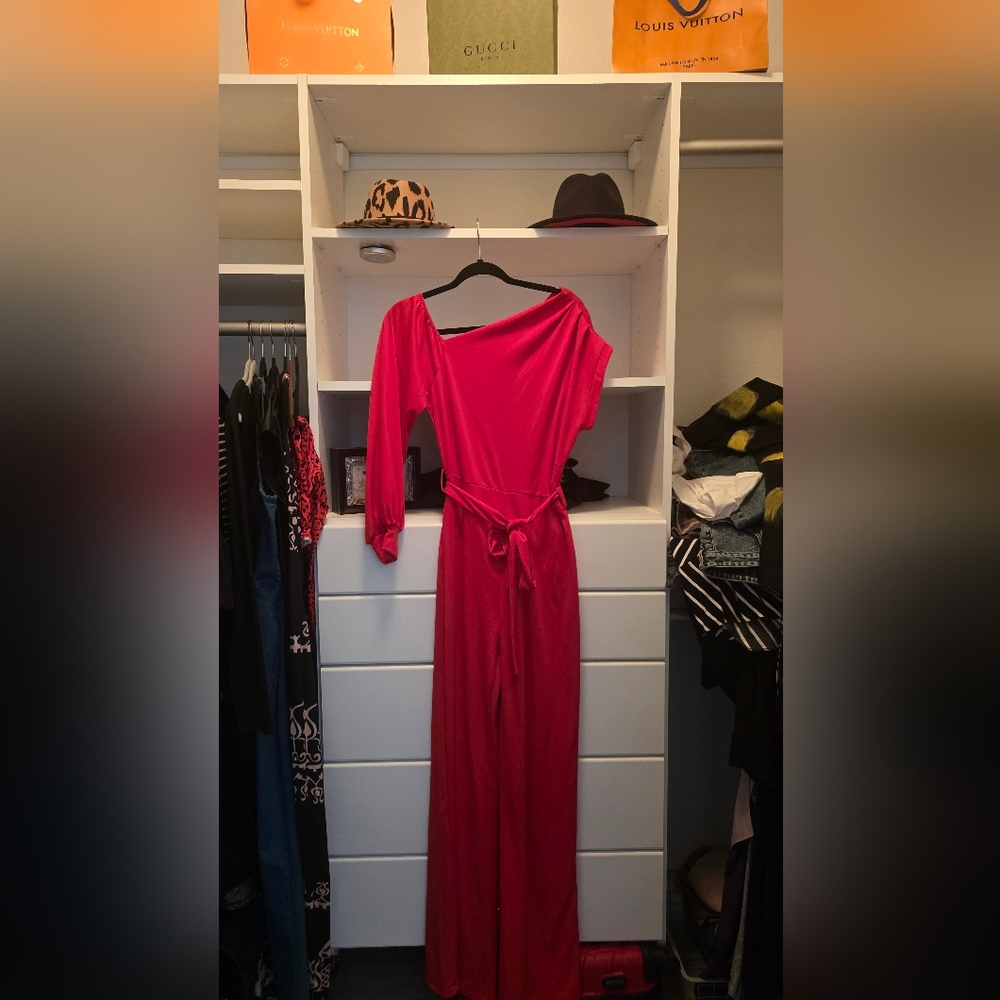 Red Wrap Gown with Asymmetrical Neckline and Dolman Sleeves